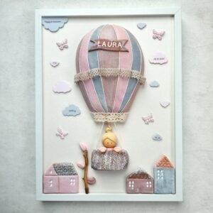 metryczka dla dziewczynki, obraz 3d, balon, chmurki, motylki chrzest roczek baby shower