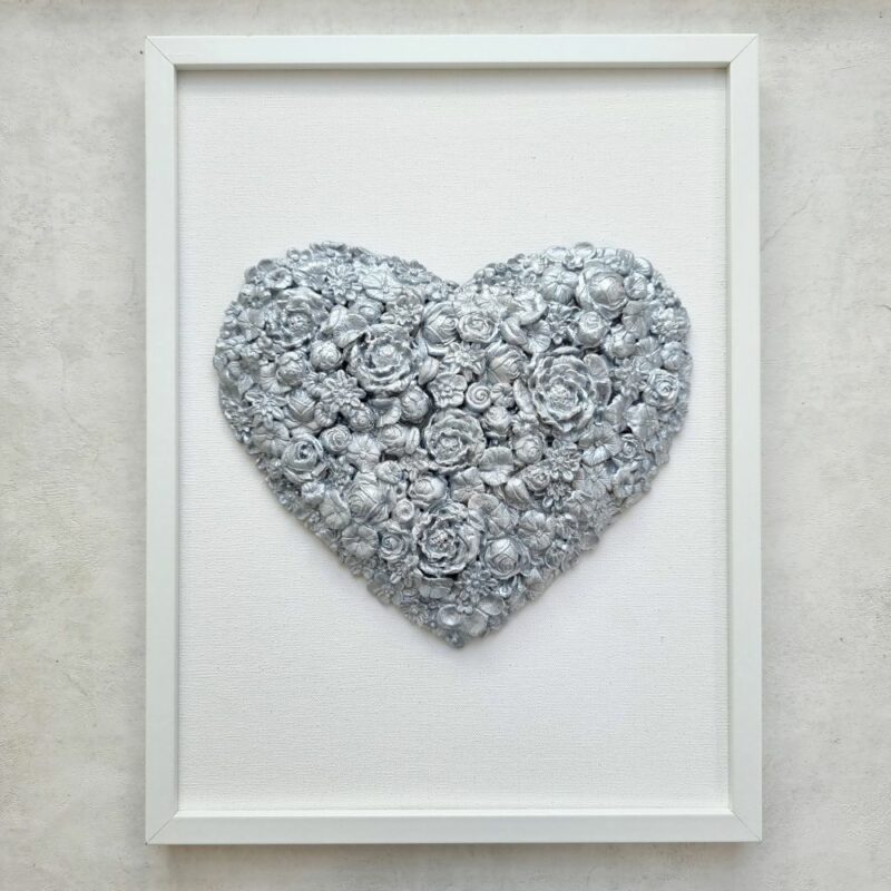 srebrne serce obraz 3d rękodzieło handmade prezent na ślub, walentynki, urodziny